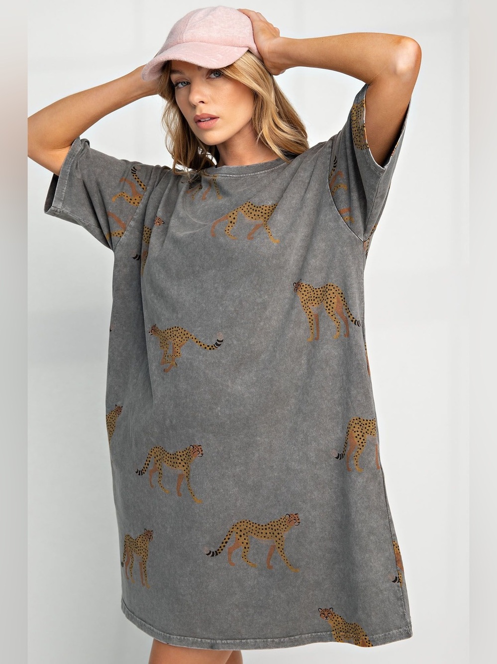 Easel MINERAL WASHED CHEETAH PRINT T-SHIRT DRESS - Picture 1 of 5